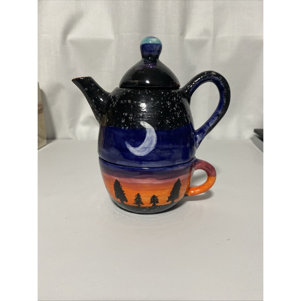 Ceramic Tea Pot With Mug Celestial Moon Sunset Decorative Tea Set For One